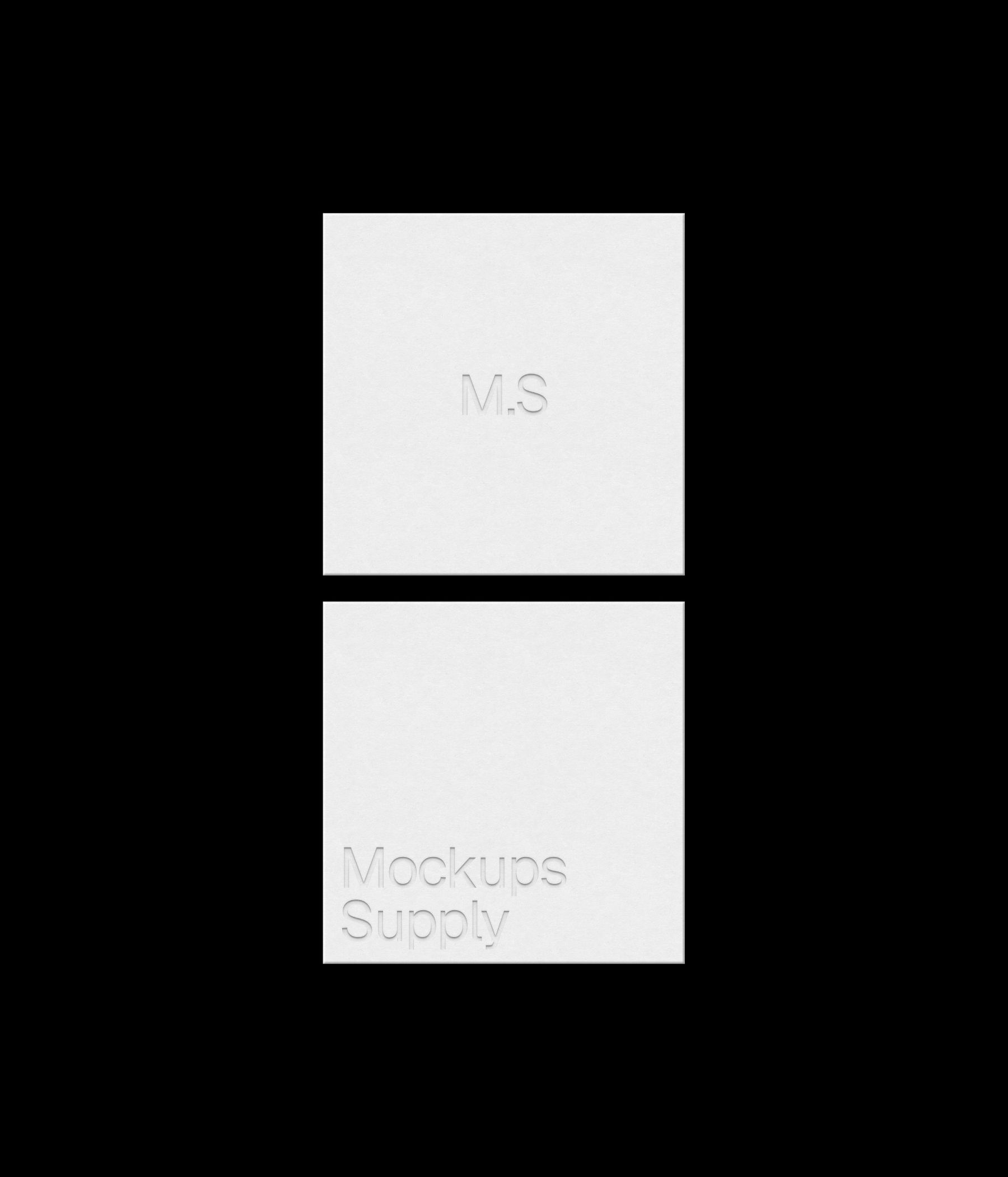 2 square business cards mockup for Photoshop with debossed text effect, white cards on black background, minimal branding and stationery presentation