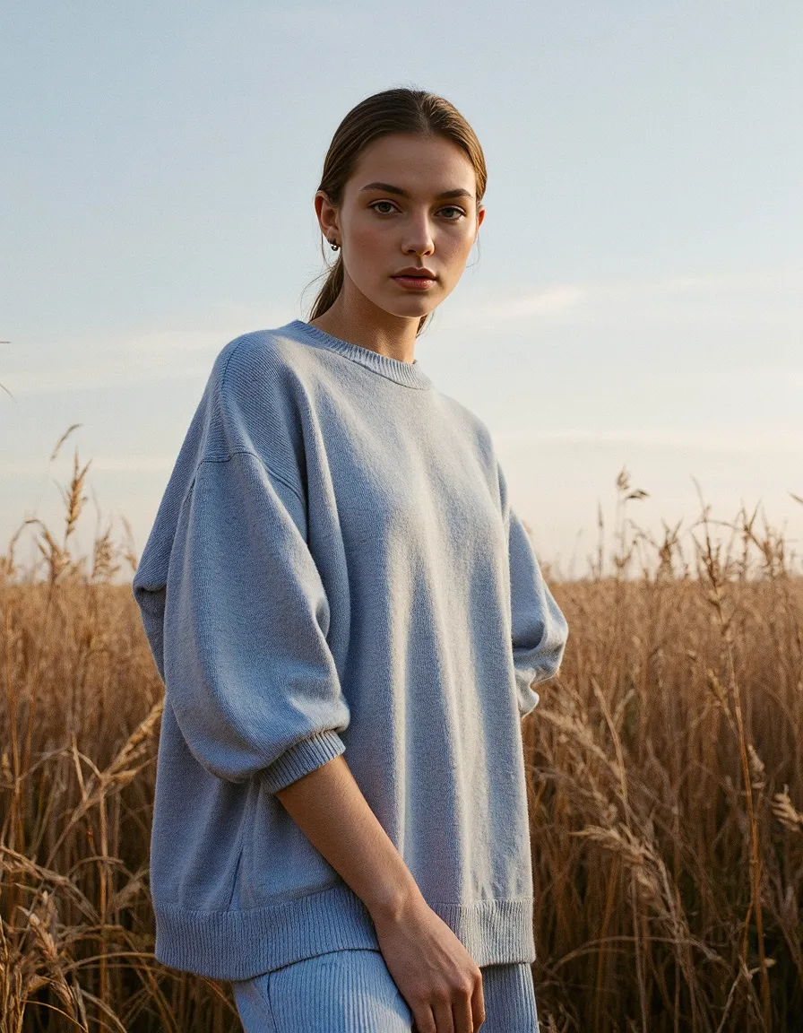 Soft blue oversized sweater styled in golden wheat field at sunset, creating a minimalist autumn editorial mood with natural lighting.