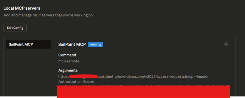 SailPoint MCP local server configuration page showing the SailPoint MCP server in a running state, with MCP remote command settings and authorization details partially hidden.