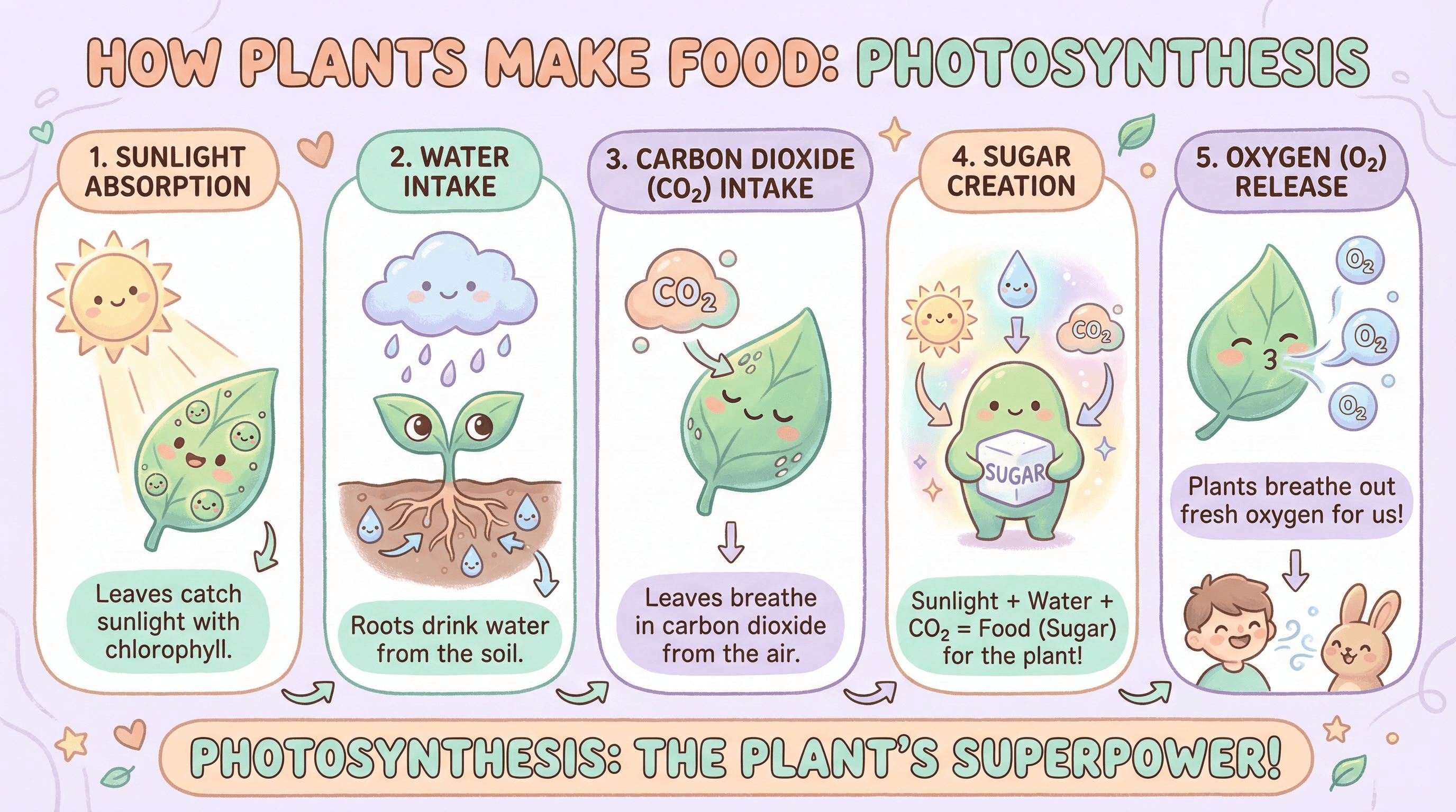 Soft educational infographic in pastel mint and peach colors featuring hand-drawn vector shapes and friendly character illustrations.