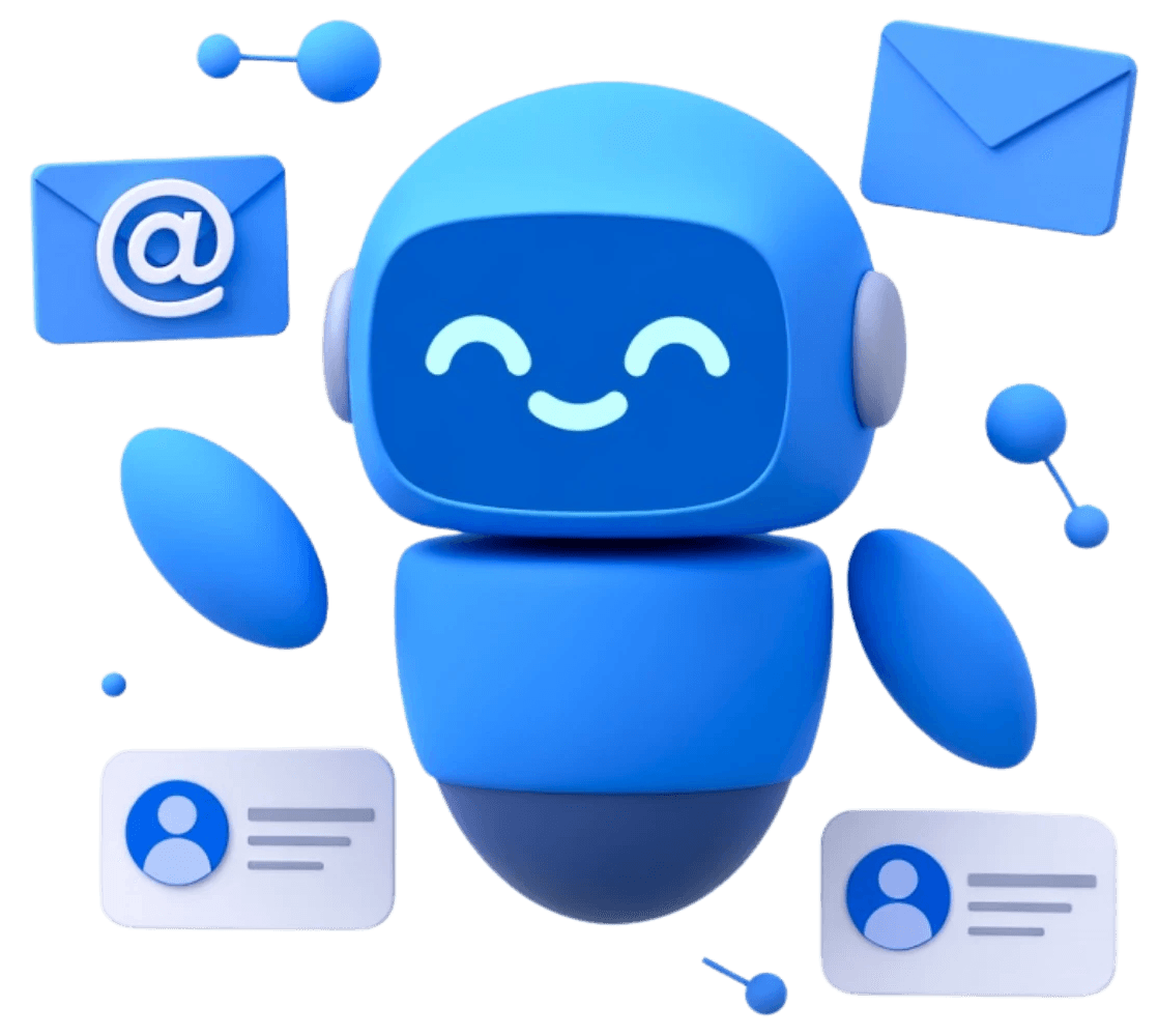 Robot AI en azul gestionando datos de clientes, rodeado de íconos de emails, perfiles y puntos de datos flotantes sobre fondo blanco