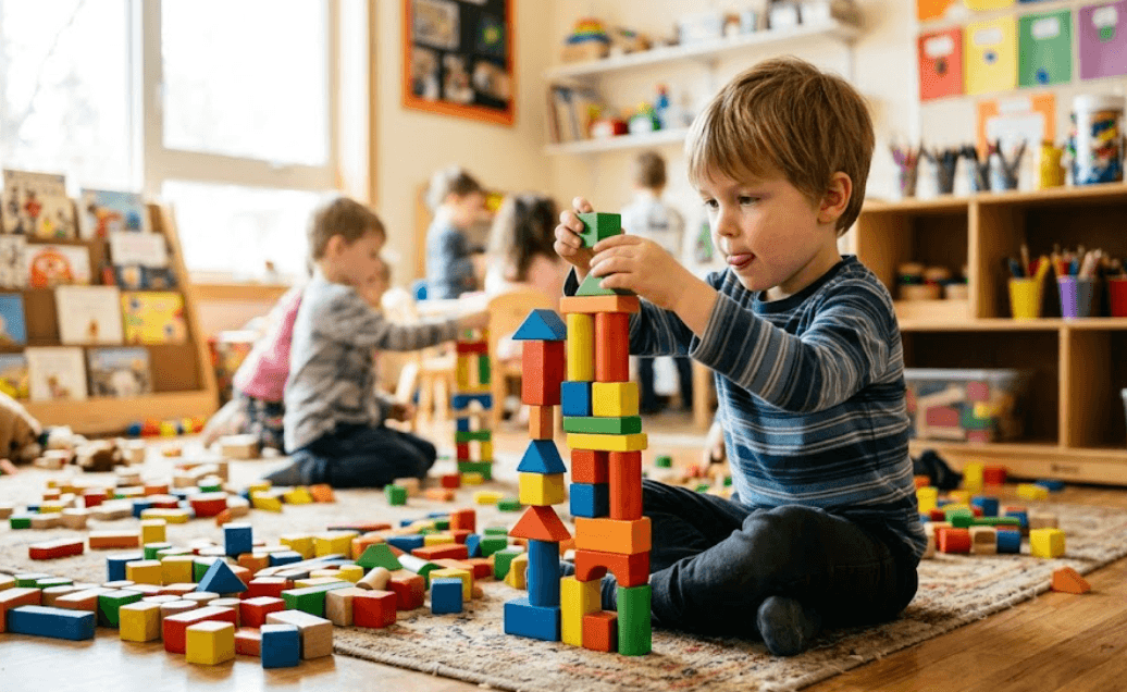 Preschool child building with blocks during play-based learning at Tampa daycare
