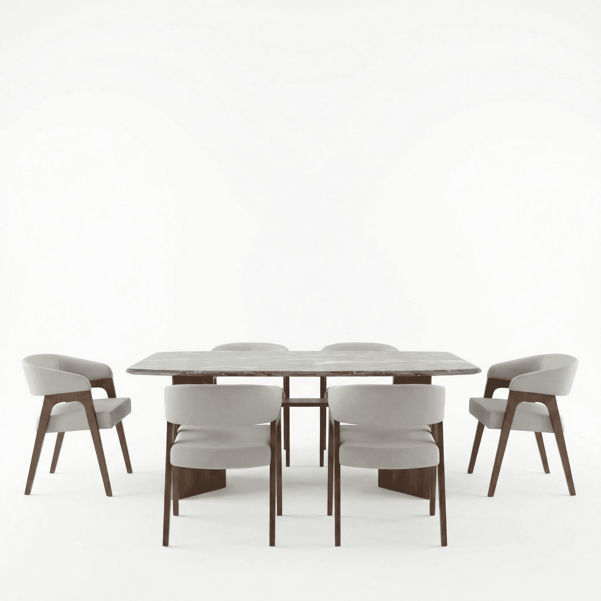 Formal dining set with rounded edges, styled with cushioned chairs for comfortable seating