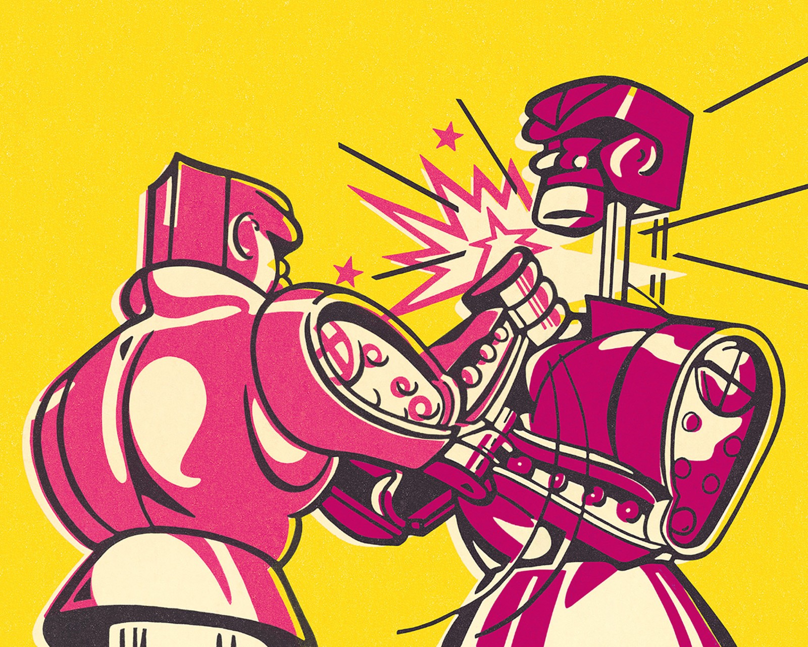 A colorful illustration of two boxers fighting, with one delivering a punch to the other's face against a yellow background.