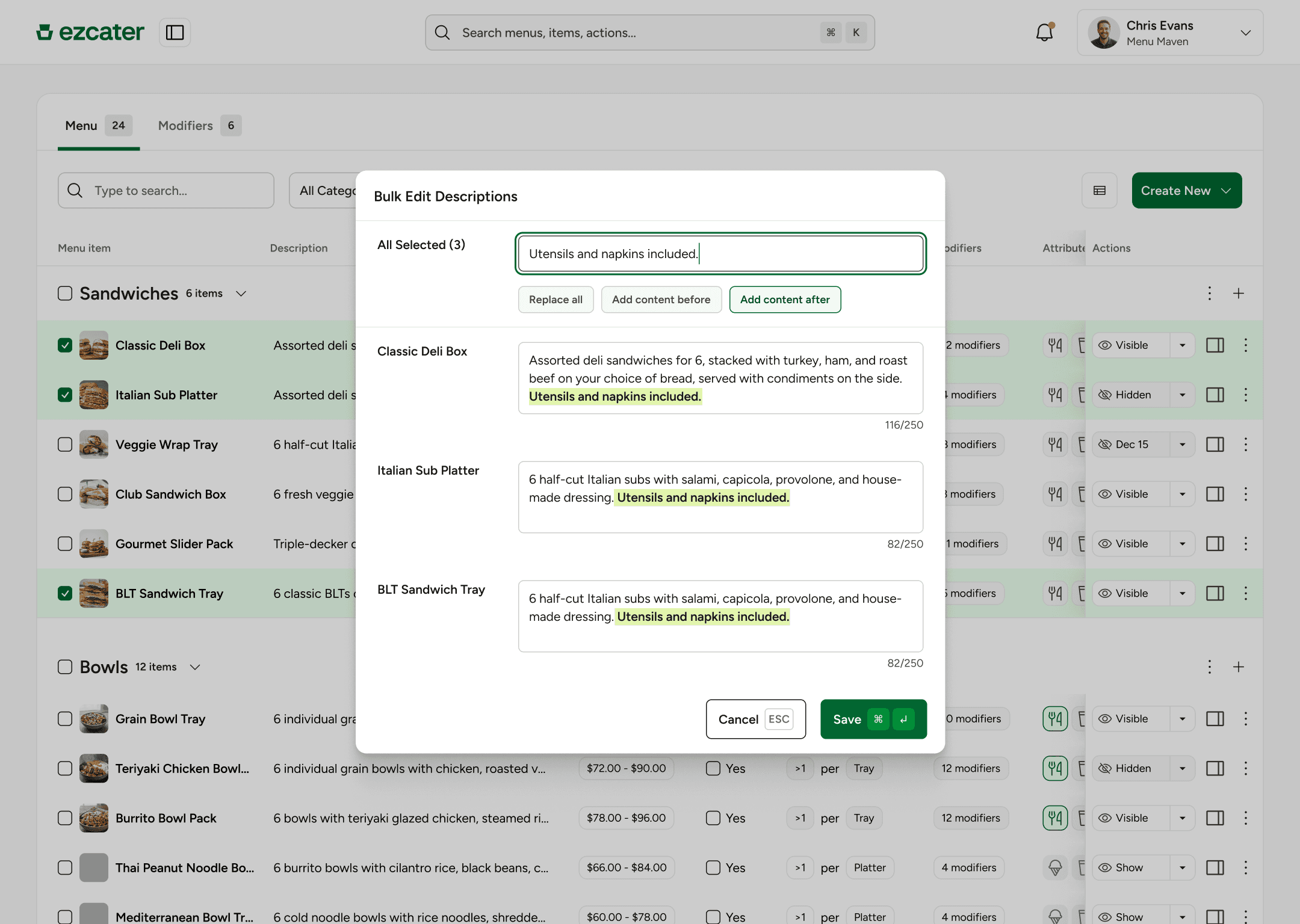 Bulk edit modal - adding text to selected descriptions.