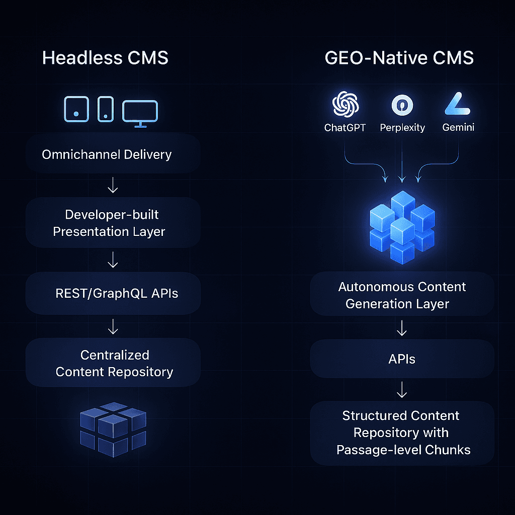 Side-by-side illustration comparing headless CMS stack to GEO-native CMS stack with AI citation layer