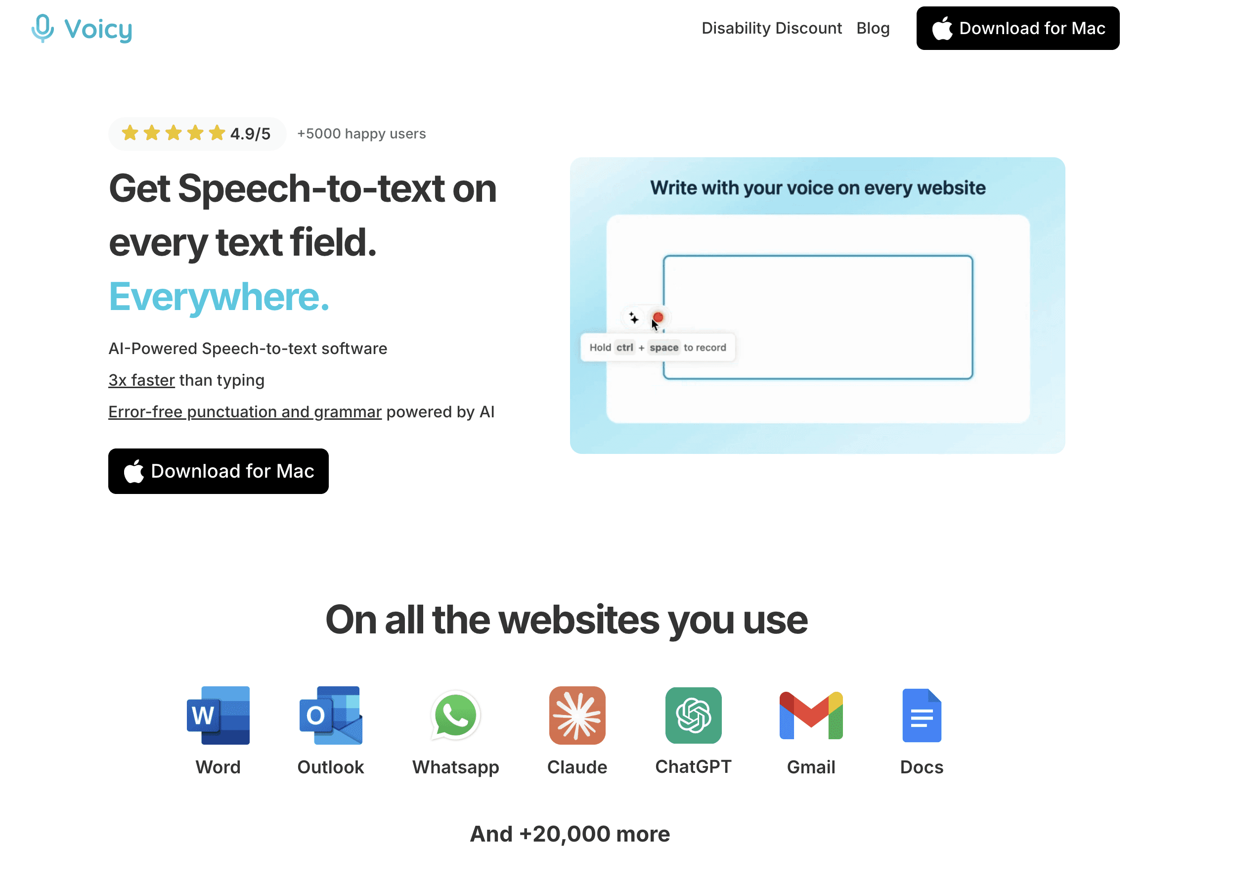 Voicy Speech to Text homepage screenshot