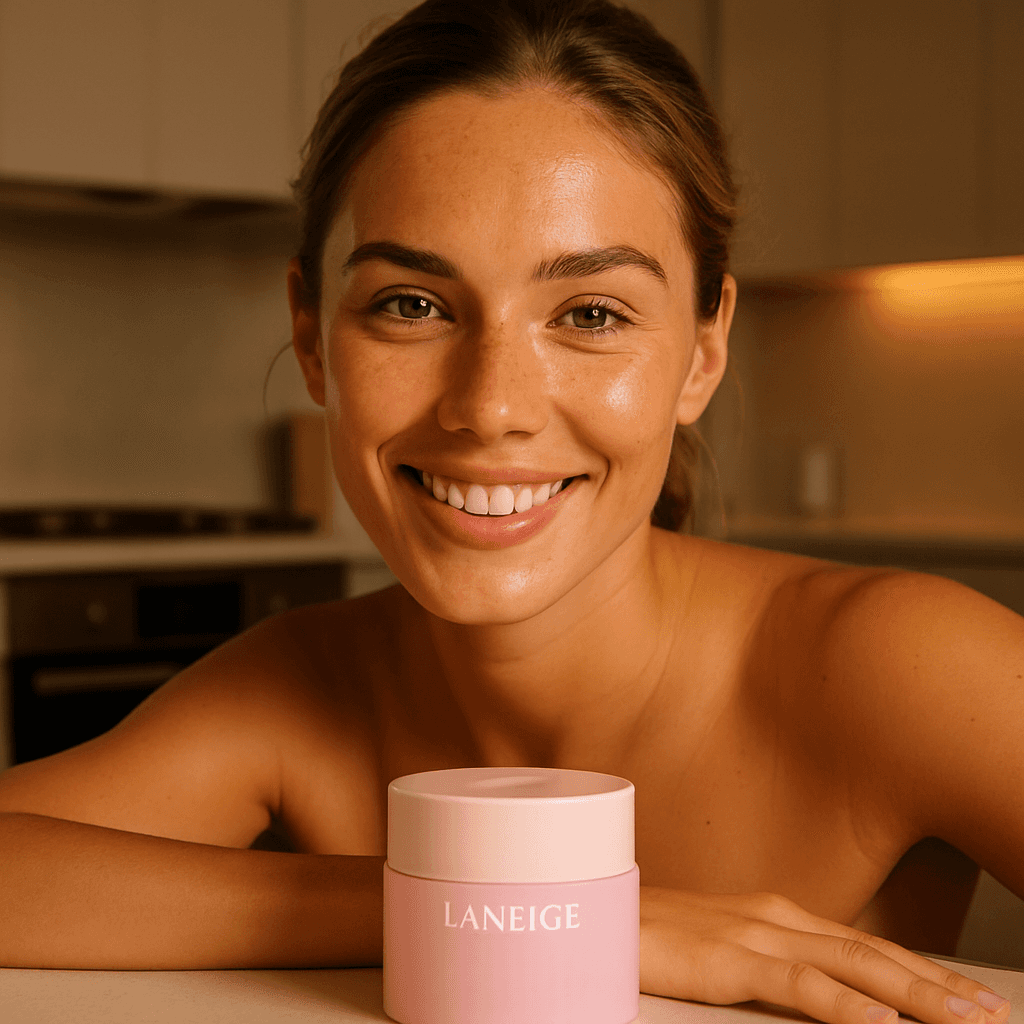 model-with-pink-skincare-tub-in-modern-kitchen