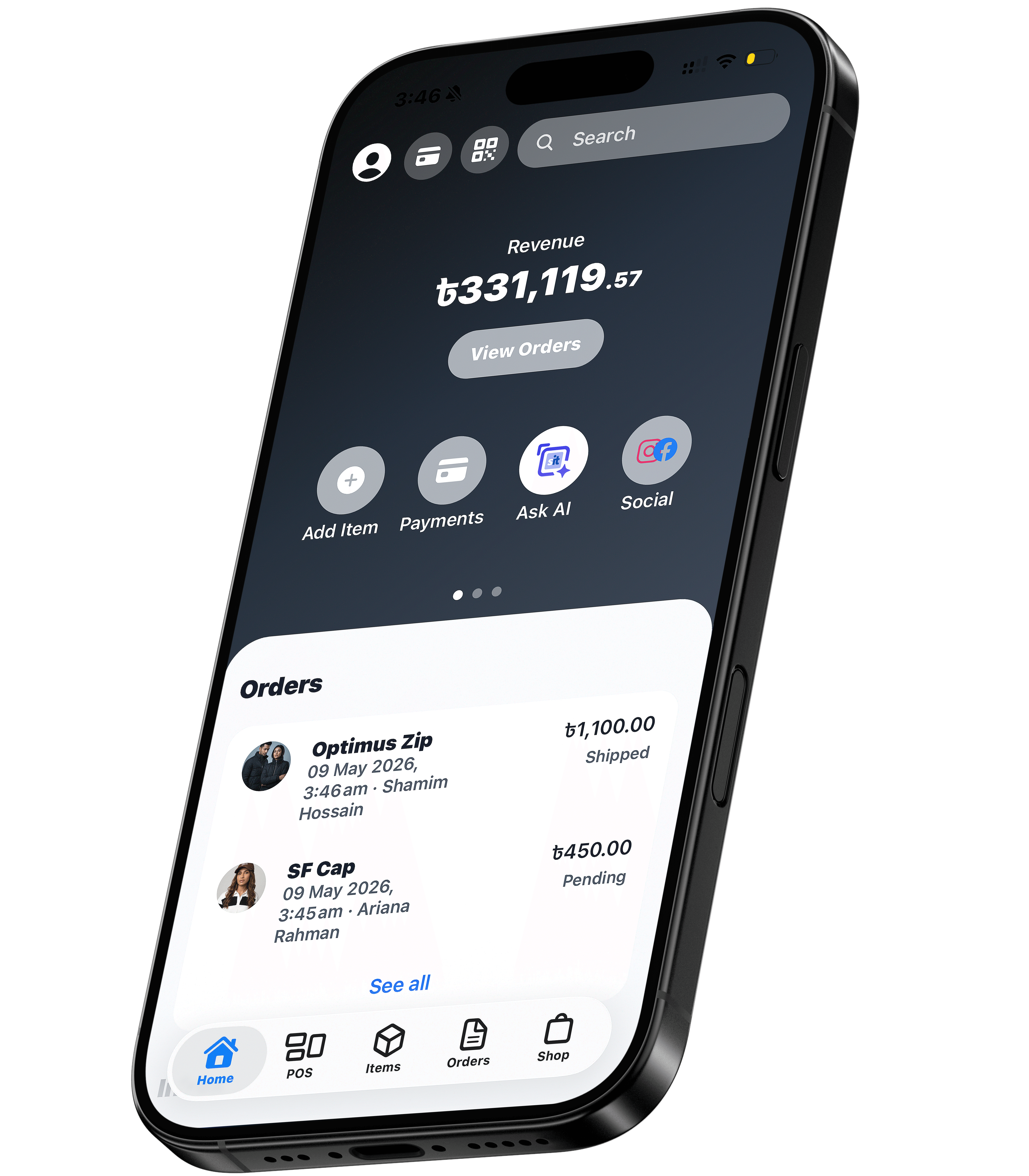 Spensit Mobile App Dashboard showing All-in-One Business Management, Inventory Tracking, and Automated Invoicing on iPhone