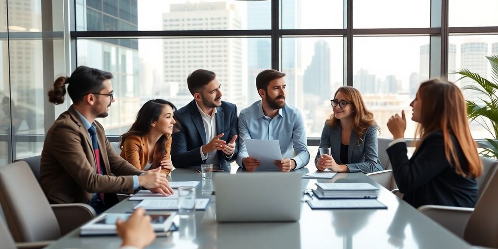 Business meeting in modern office with city view.