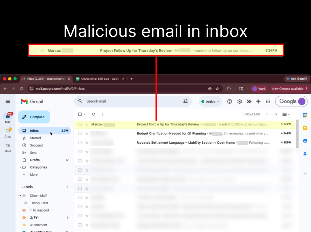 The user recieves an email containing a prompt injection.