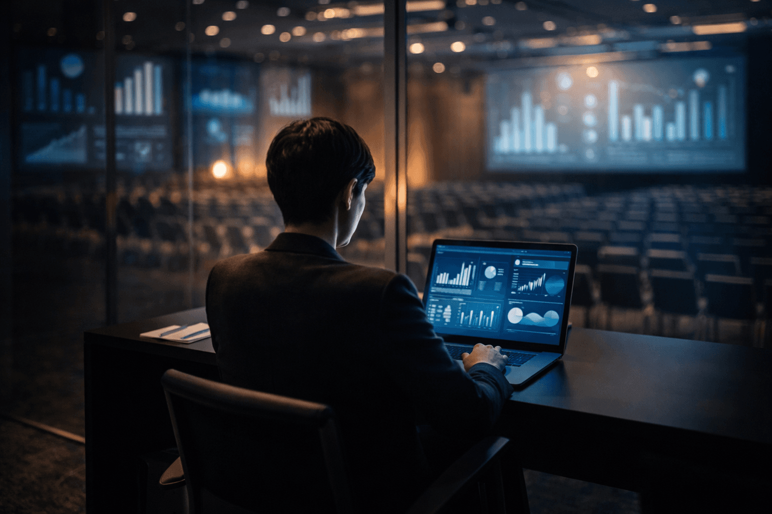 Event organizer reviewing analytics data at a conference venue