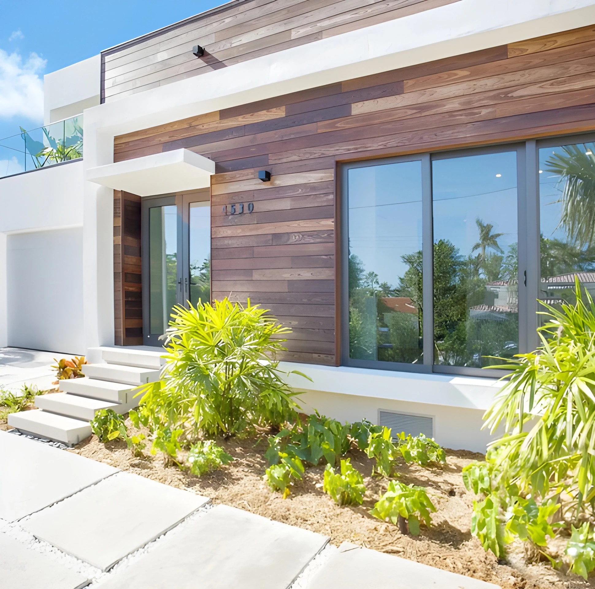 Modern Miami home entrance featuring a wood-clad facade, oversized glass windows, white stucco accents, floating concrete steps, and tropical landscaping with palm plants leading to the front door.