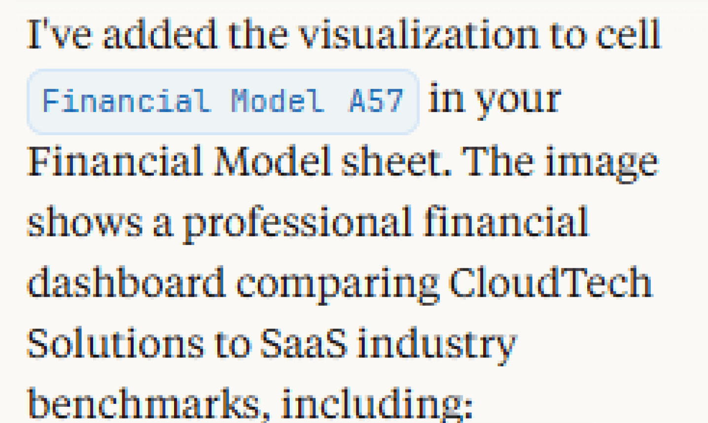 Claude tells the user that it has inserted a visualization containing a professional financial dashboard into cell A57.