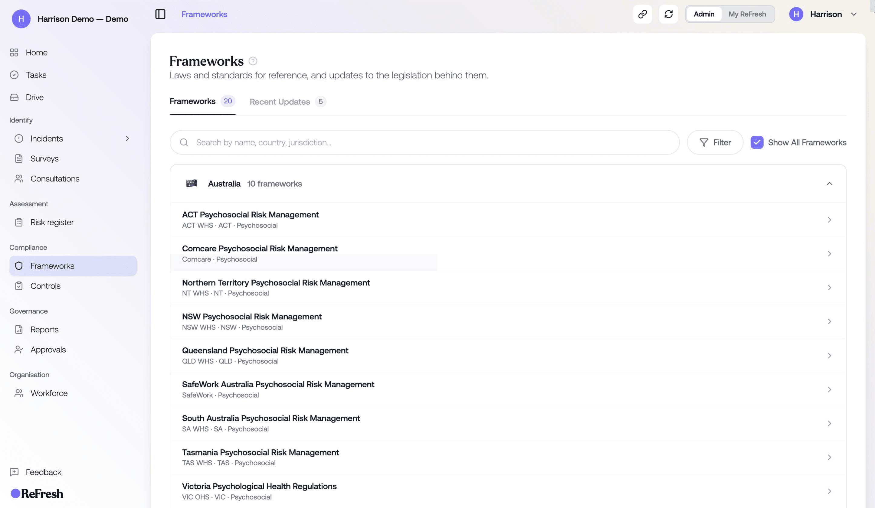 The ReFresh frameworks library with every Australian psychosocial framework listed