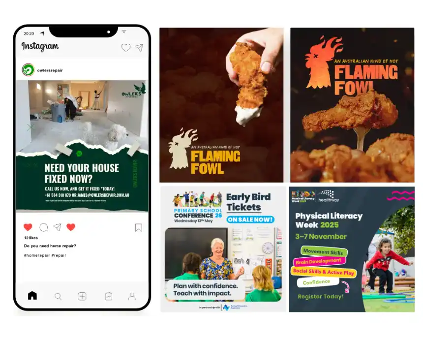 A collection of social media marketing assets including a smartphone displaying an Instagram profile for "Owler's Repair Service," alongside square tiles featuring food photography for "Flaming Fowl," an "Early Bird Tickets" promotion for a Primary School Conference, and a KIDDO "Physical Literacy Week 2025" graphic.