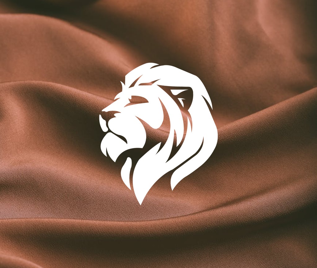 A white lion head silhouette is prominently displayed on a smooth, rich brown fabric background, showcasing luxury and strength.