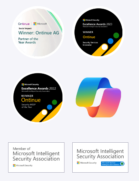 Award and partner badges: Microsoft Partner of the Year Awards, Social Impact winner Ontinue AG; Microsoft Security Excellence Awards 2023 winner, Security Services Innovator; Excellence Awards 2022 winner, Security MSSP of the Year; Copilot logo; Member of Microsoft Intelligent Security Association; Microsoft Verified Managed XDR Solution.