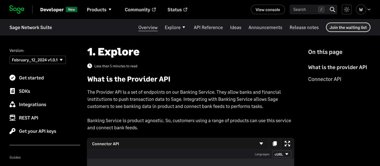 Sage Network Suite product page with Overview, Explore and API Reference tabs