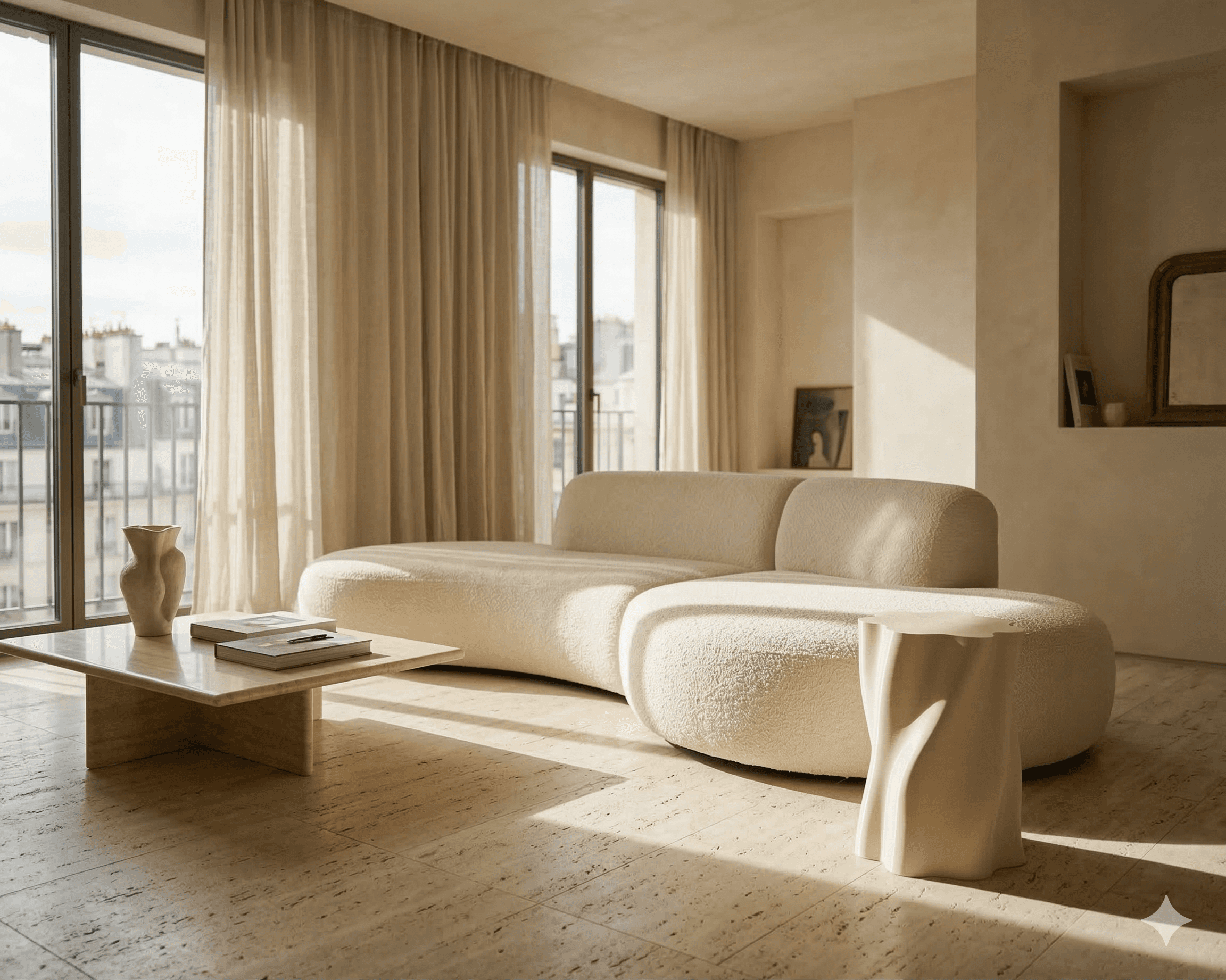 Beige interior with natural stone walls, sunlight, and geometric shadows over a calm water pool.