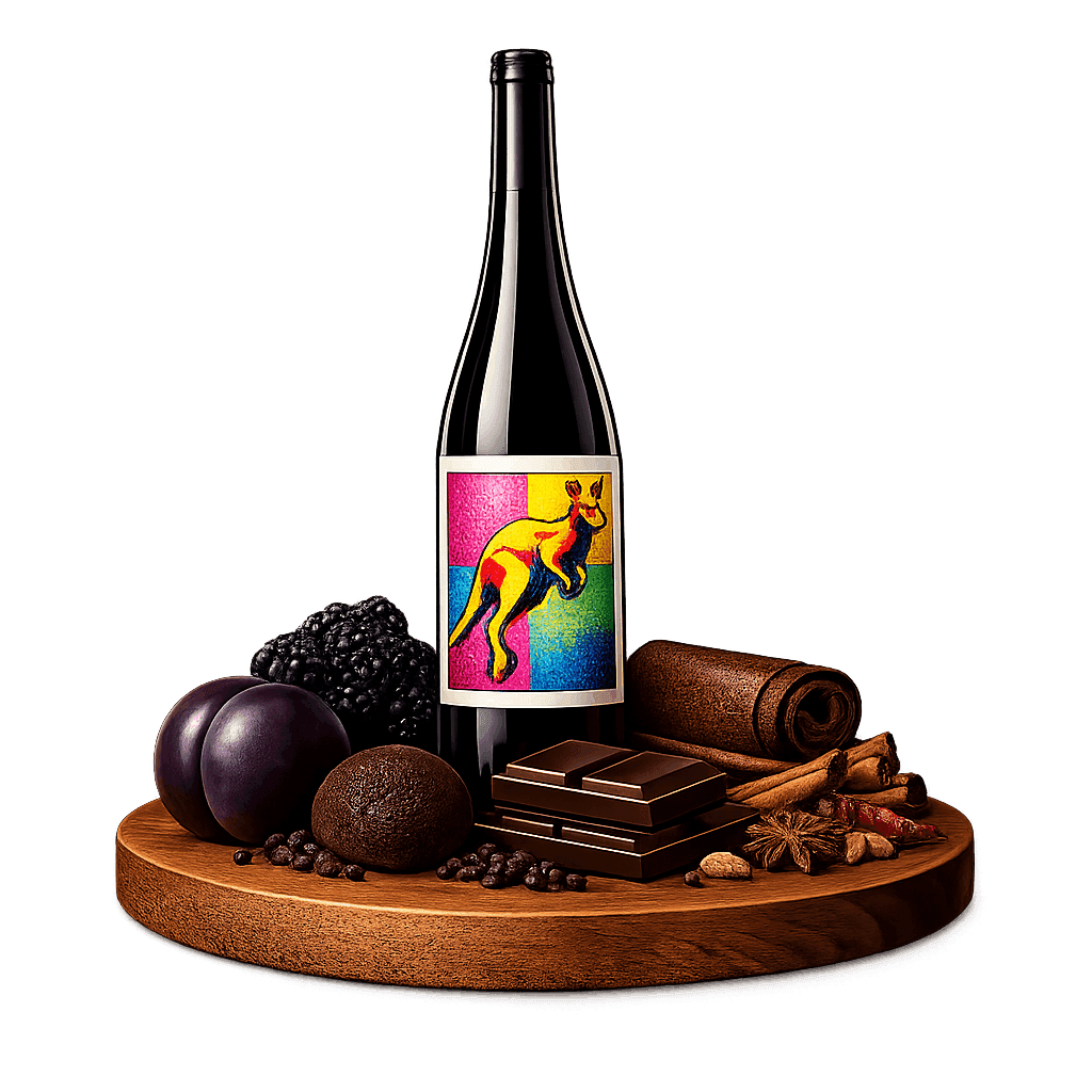 Artistic label and flavor profile for Australian Sparkling Shiraz on a rustic wooden table.