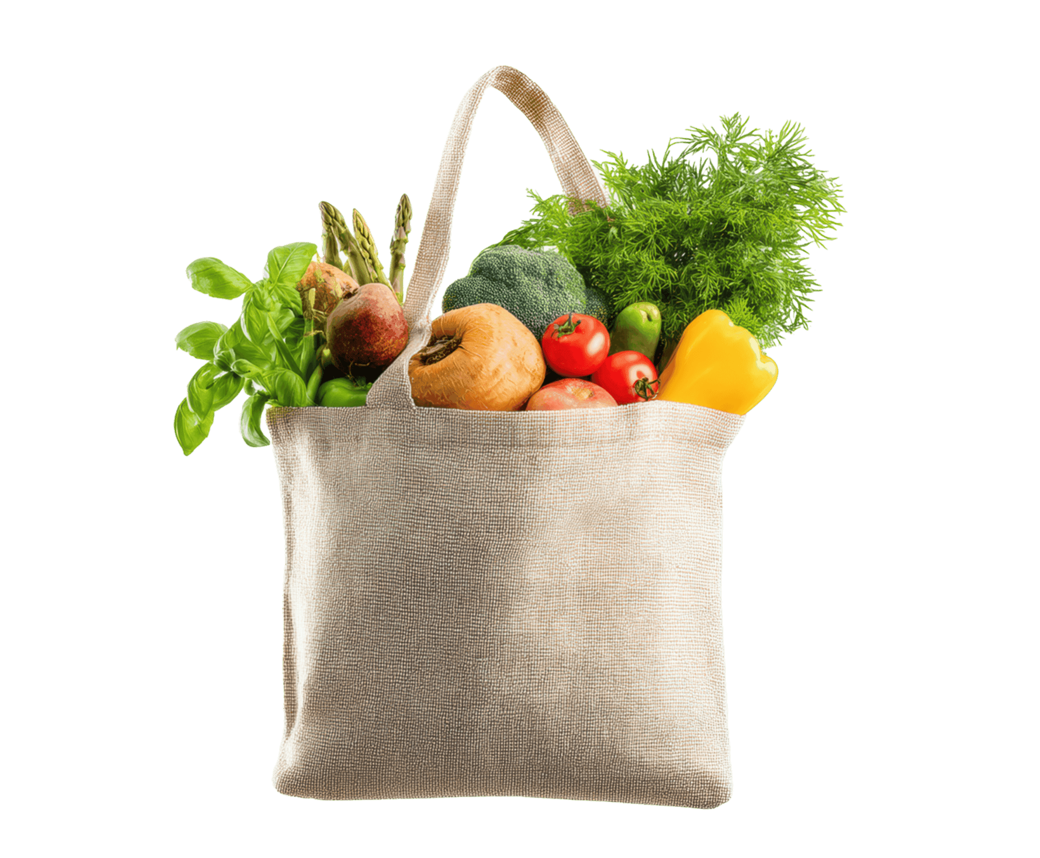 Reusable grocery bag with fresh vegetables and herbs, symbolizing healthy and sustainable grocery shopping.
