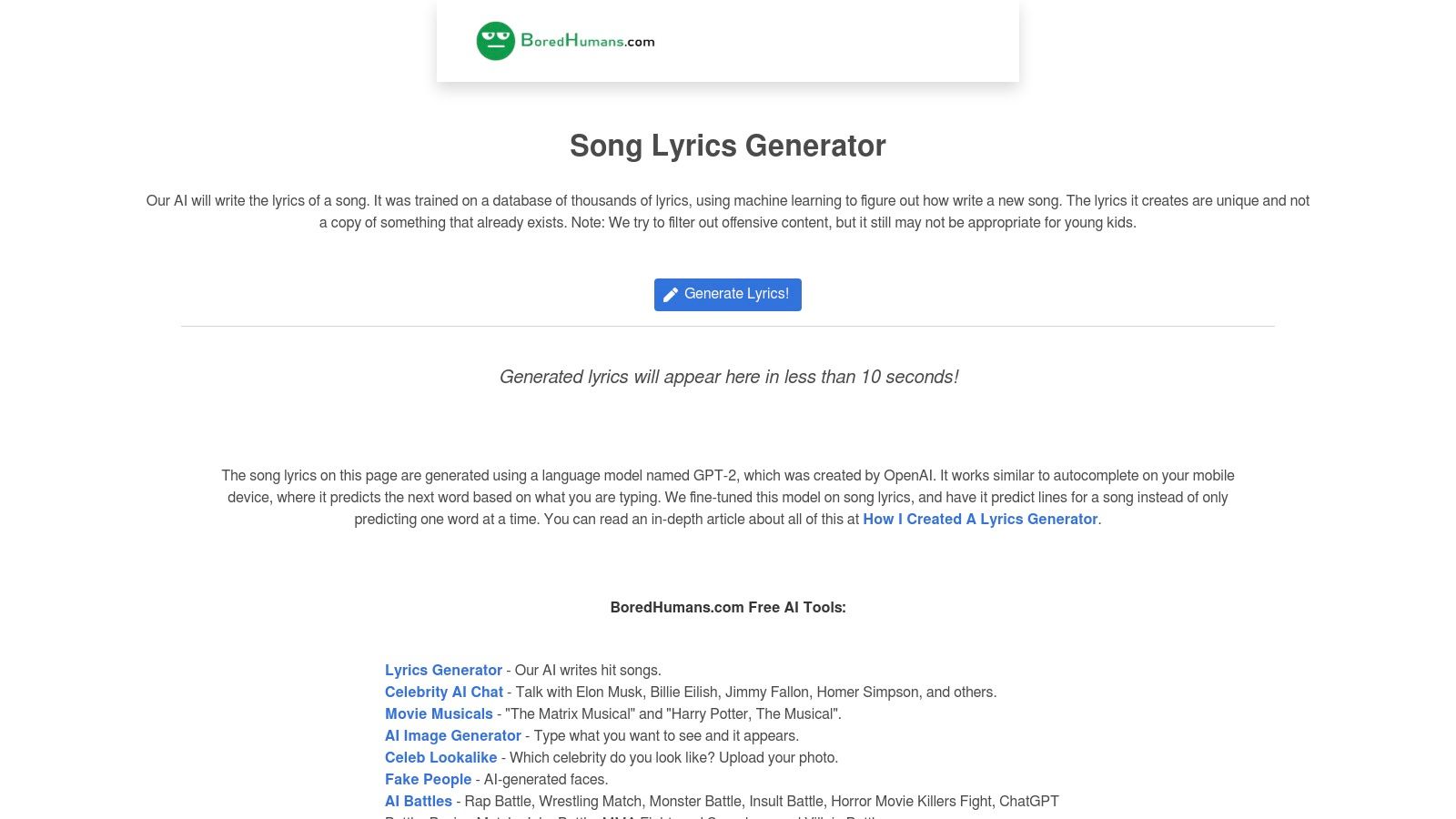 BoredHumans – Song Lyrics Generator