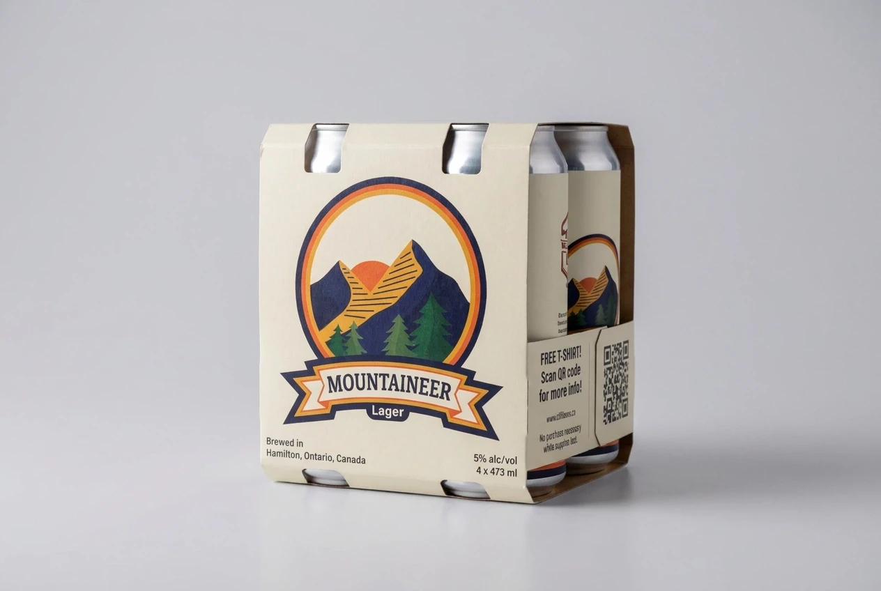 Mountaineer Lager four-pack carrier with branded cans and packaging details.