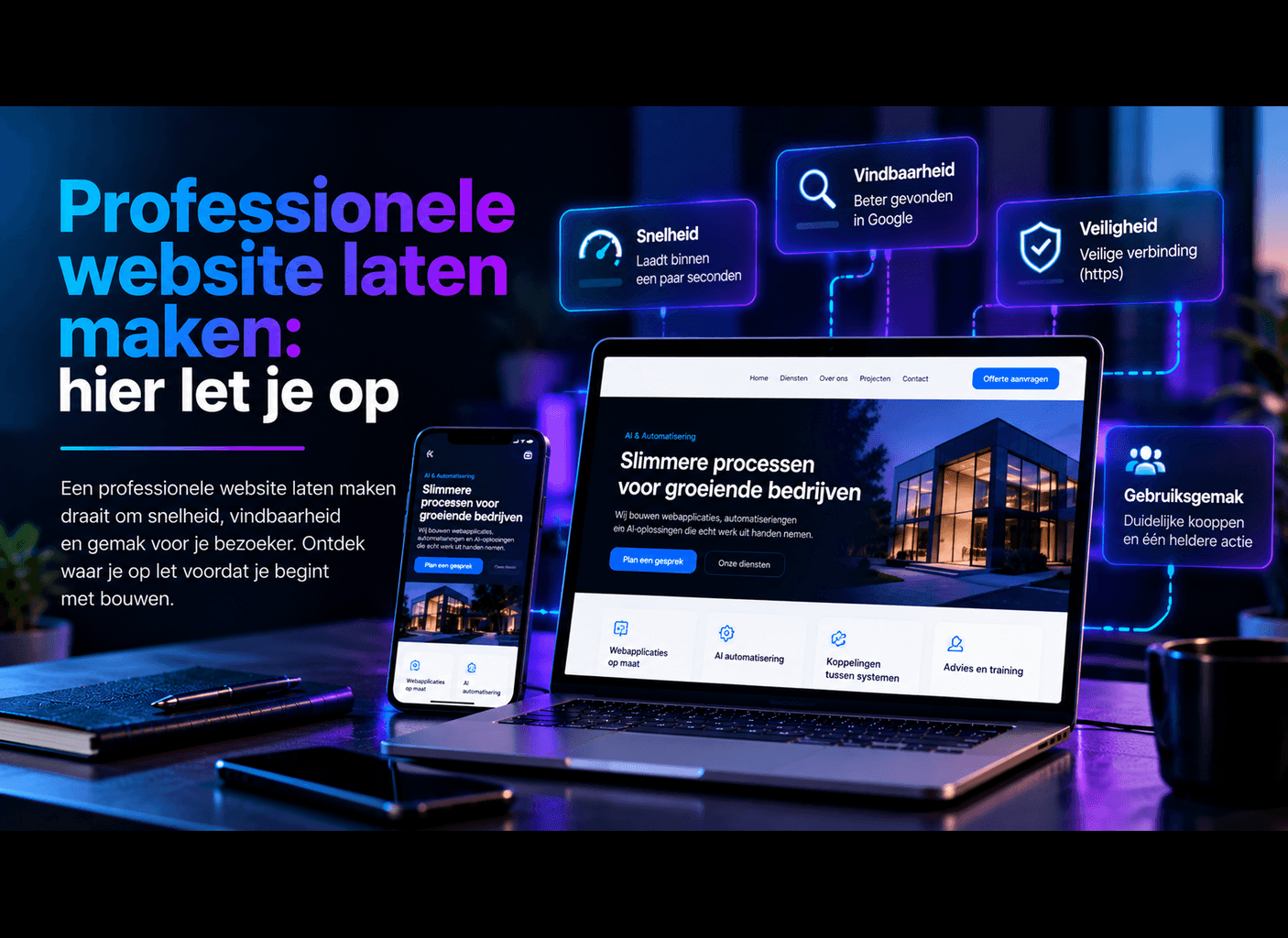 Laptop en telefoon met een bedrijfswebsite, omringd door kaarten over snelheid, vindbaarheid, veiligheid en gebruiksgemak