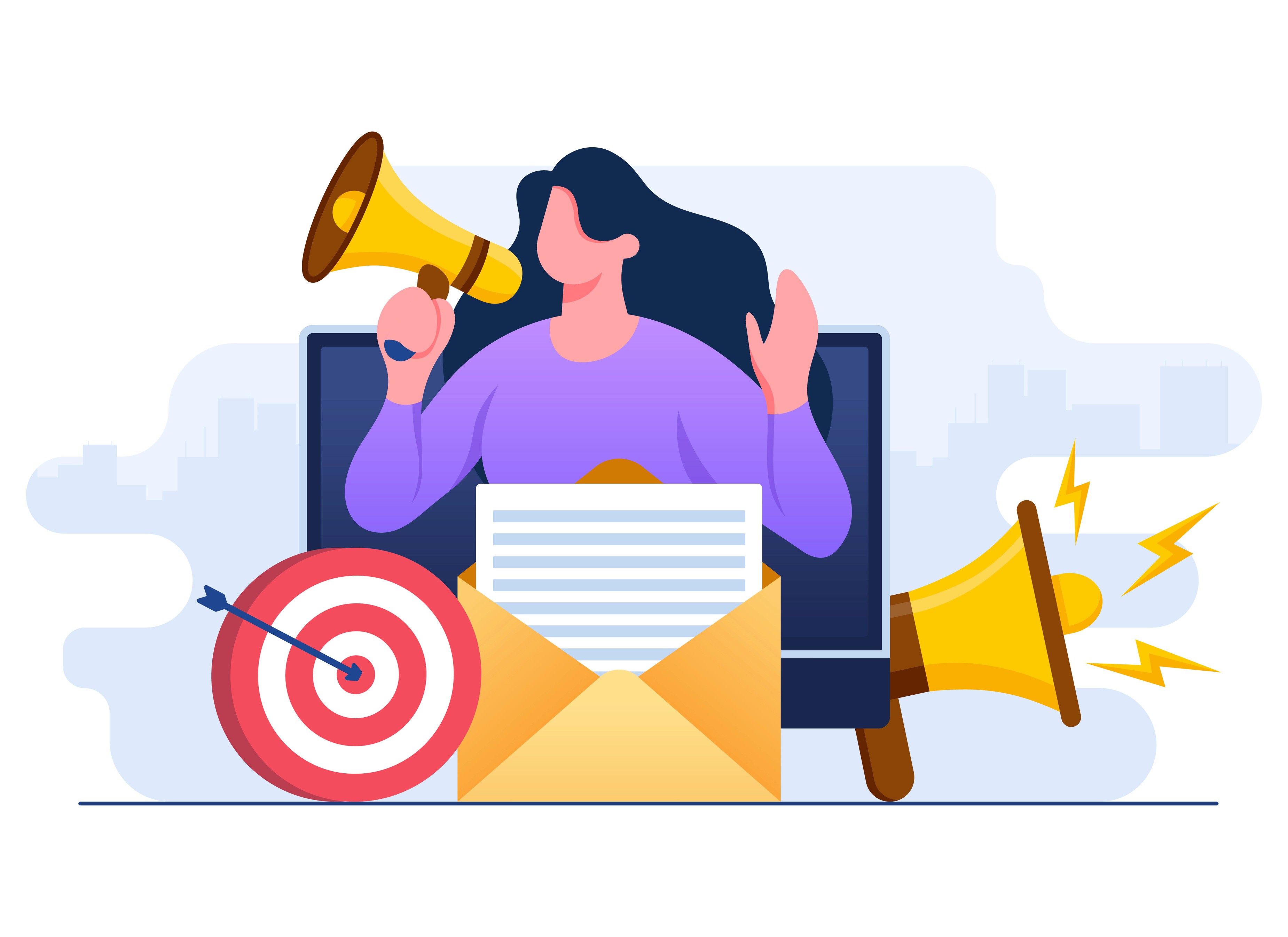 Illustration of a woman emerging from a laptop screen holding a megaphone next to an open envelope and a bullseye target, representing targeted influencer outreach