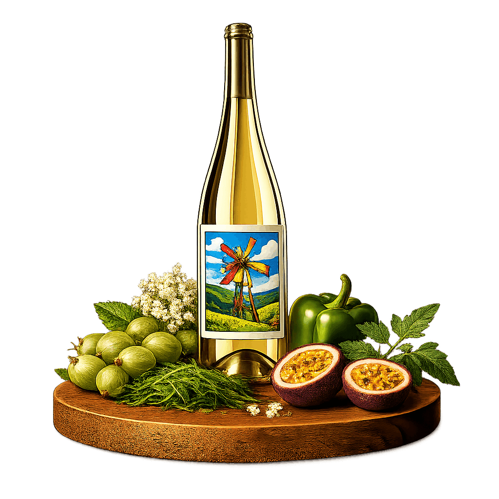 Artistic label and flavor profile for Stajerska Slovenija Sauvignon Blanc on a rustic wooden table.