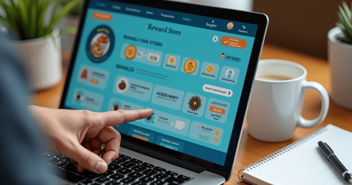 Tela de plataforma mostrando moedas virtuais para recompensas