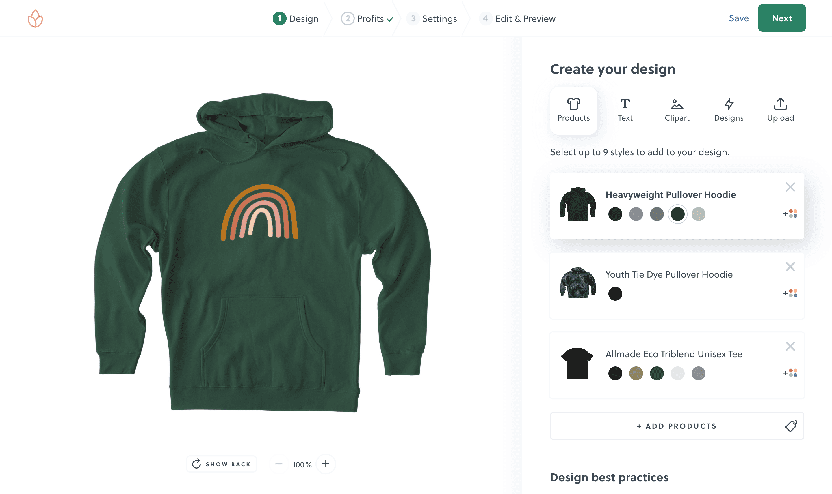 A dark-green hoodie with a small, embroidered rainbow on the chest is shown on a screen.  The image is from a product design website, showing options for customizing the apparel.