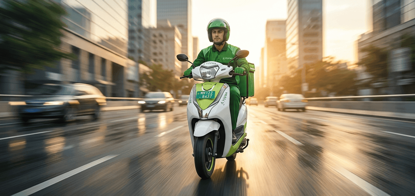 Yuvwaa electric delivery rider riding through a modern city street