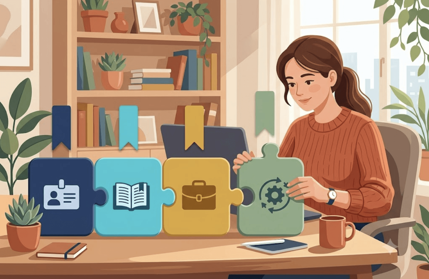 Illustration d'une personne assemblant quatre pièces représentant le titre, le résumé, les expériences et les compétences d'un profil LinkedIn cohérent pour une recherche d'alternance
