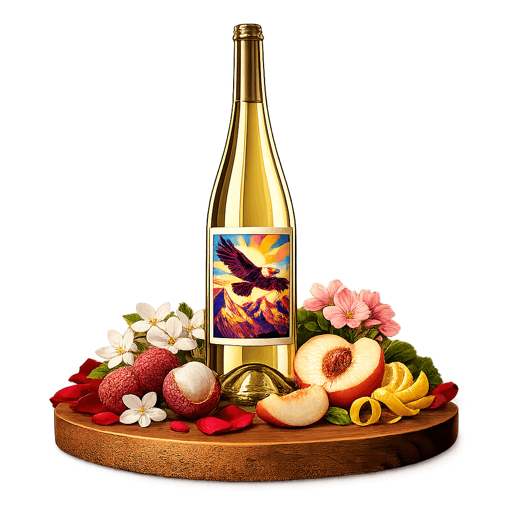 Artistic label and flavor profile for Argentinian Torrontés on a rustic wooden table.