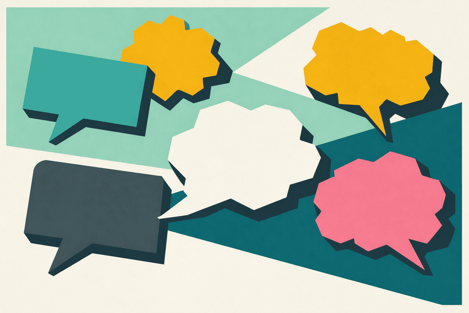 Fumetti di dialogo e pensiero sovrapposti, simbolo di confusione e sovraccarico mentale tipici di una fase di transizione professionale