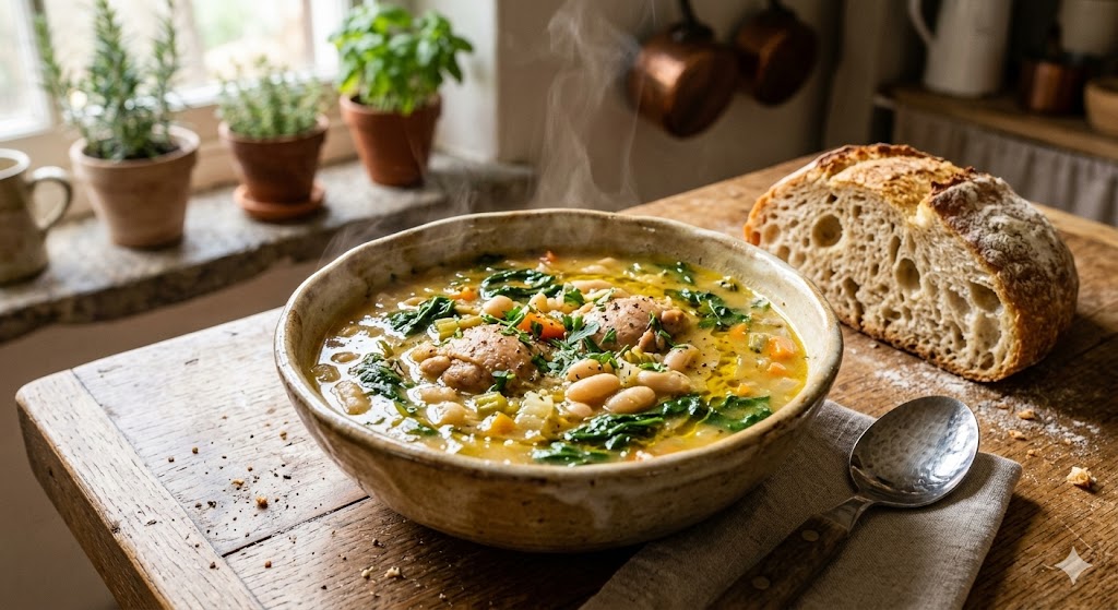 A rustic ceramic bowl of steaming Tuscan chicken and white bean soup with spinach, garlic, and fresh herbs, served on a wooden kitchen table next to a rustic loaf of artisan sourdough bread and a vintage silver spoon.