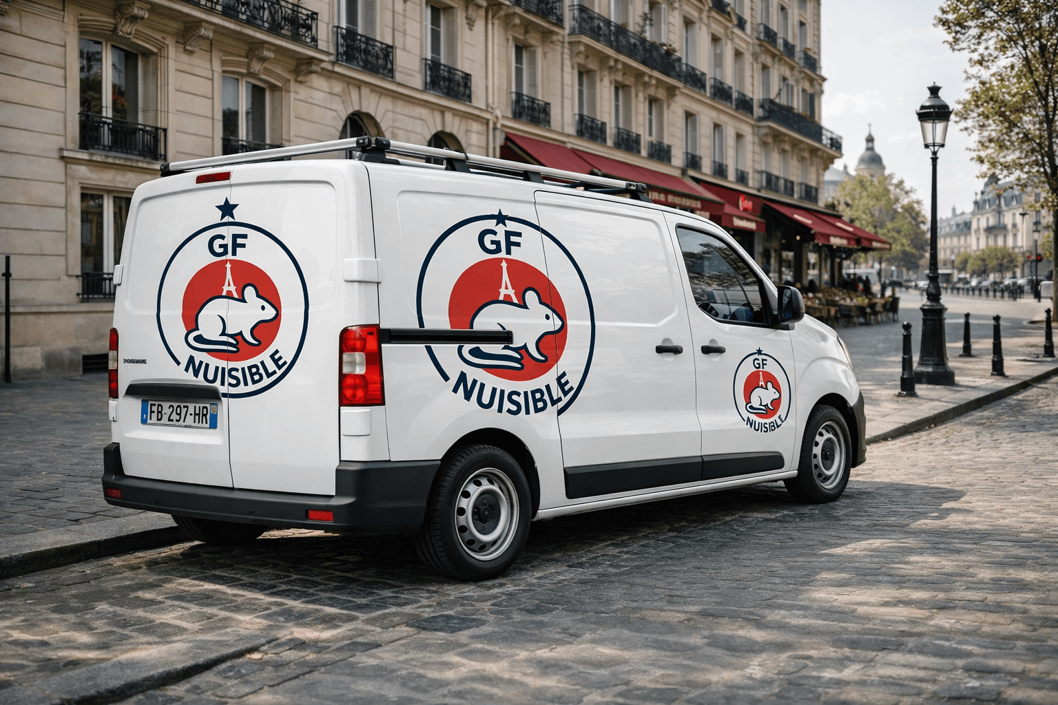 véhicule professionnelle garé dans une rue à Paris pendant une intervention de désinsectisation