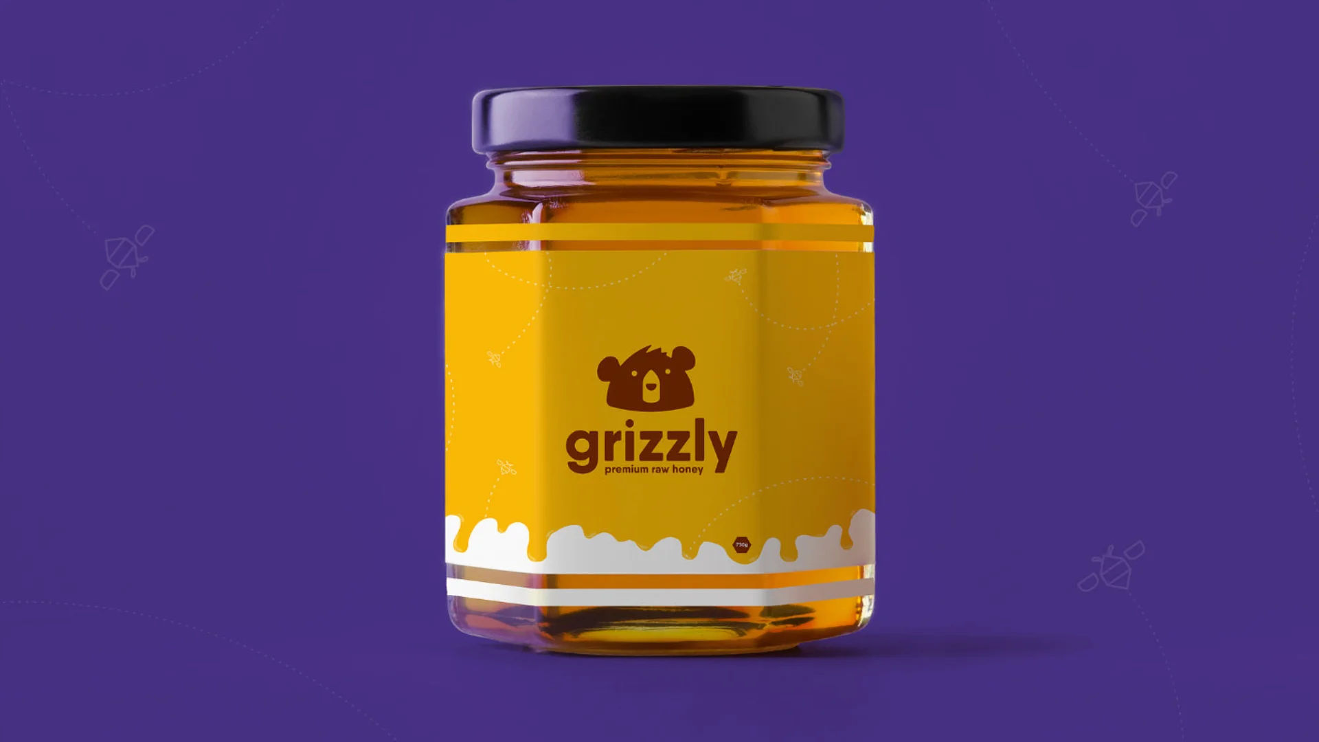 Premium brand identity and packaging design for Grizzly Honey by Made by Campfire, featuring a modern grizzly bear mascot and high-contrast yellow and purple color palette.