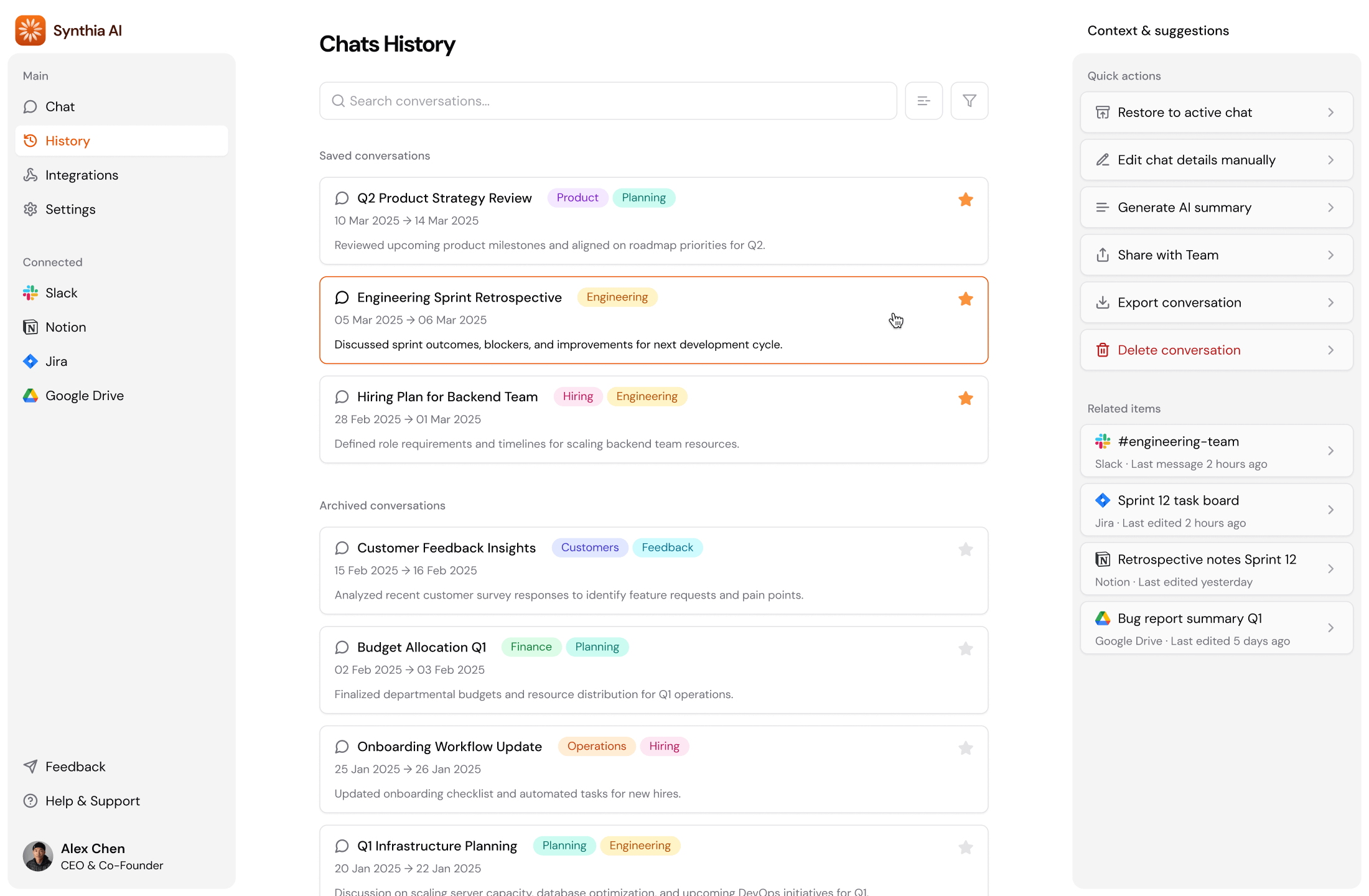 History view with chat threads, topic tags, and quick access actions