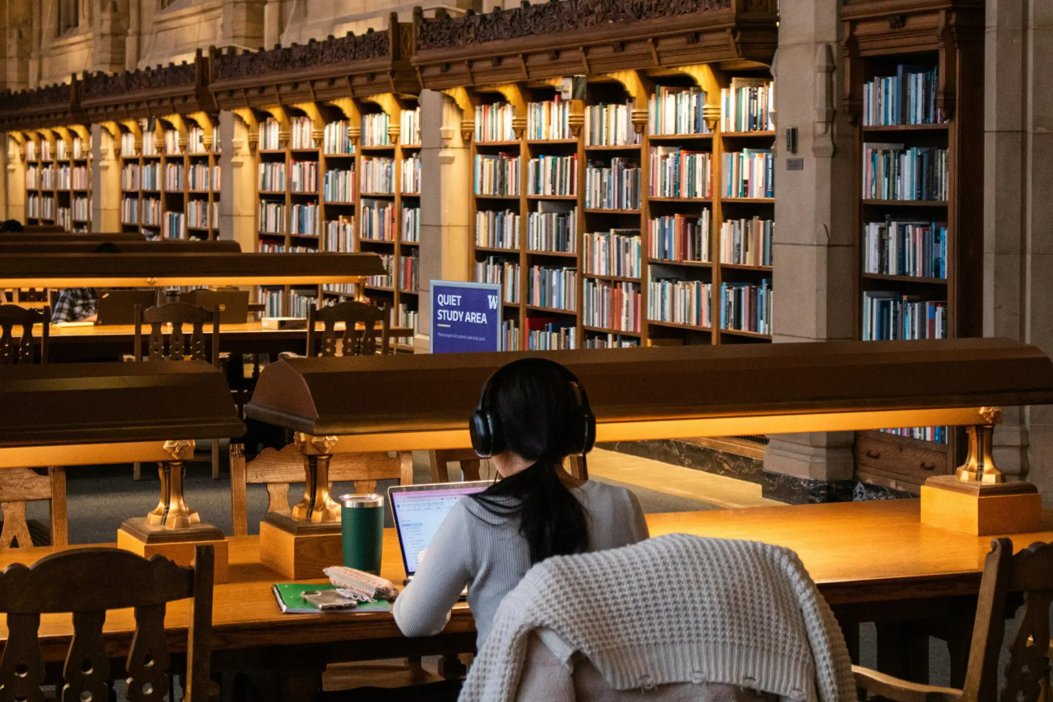 Student studying with her laptop in the school library