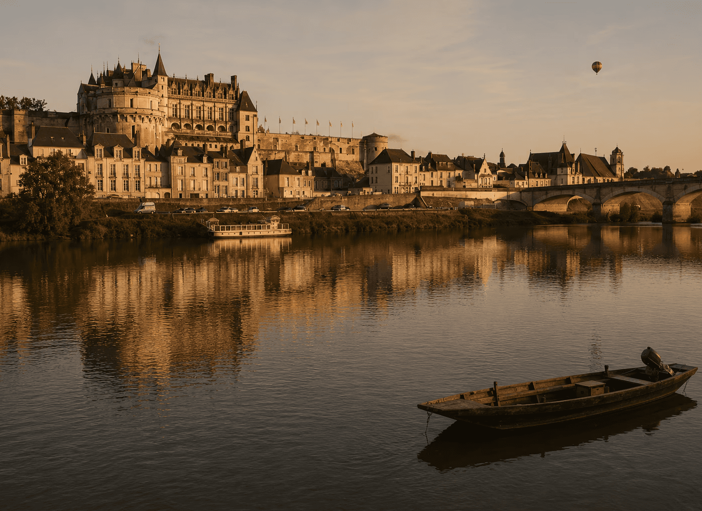 A serene golden hour view of a grand historic French chateau and stone town stretching along the banks of a wide, calm river. The medieval castle towers rise over a row of classic white buildings, with their collective architectural facades creating a perfect reflection on the glassy water's surface. In the foreground, a small rustic wooden boat floats gently near the right bank, while a historic stone arched bridge crosses the river in the background under a warm, hazy sky featuring a distant hot air balloon.