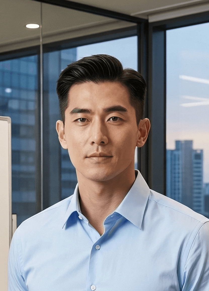 Male AI Avatar wearing a shirt with an office background