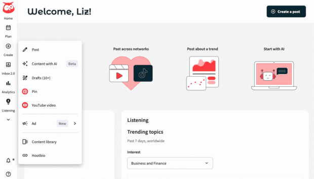 Create a post button top right Hootsuite dashboard
