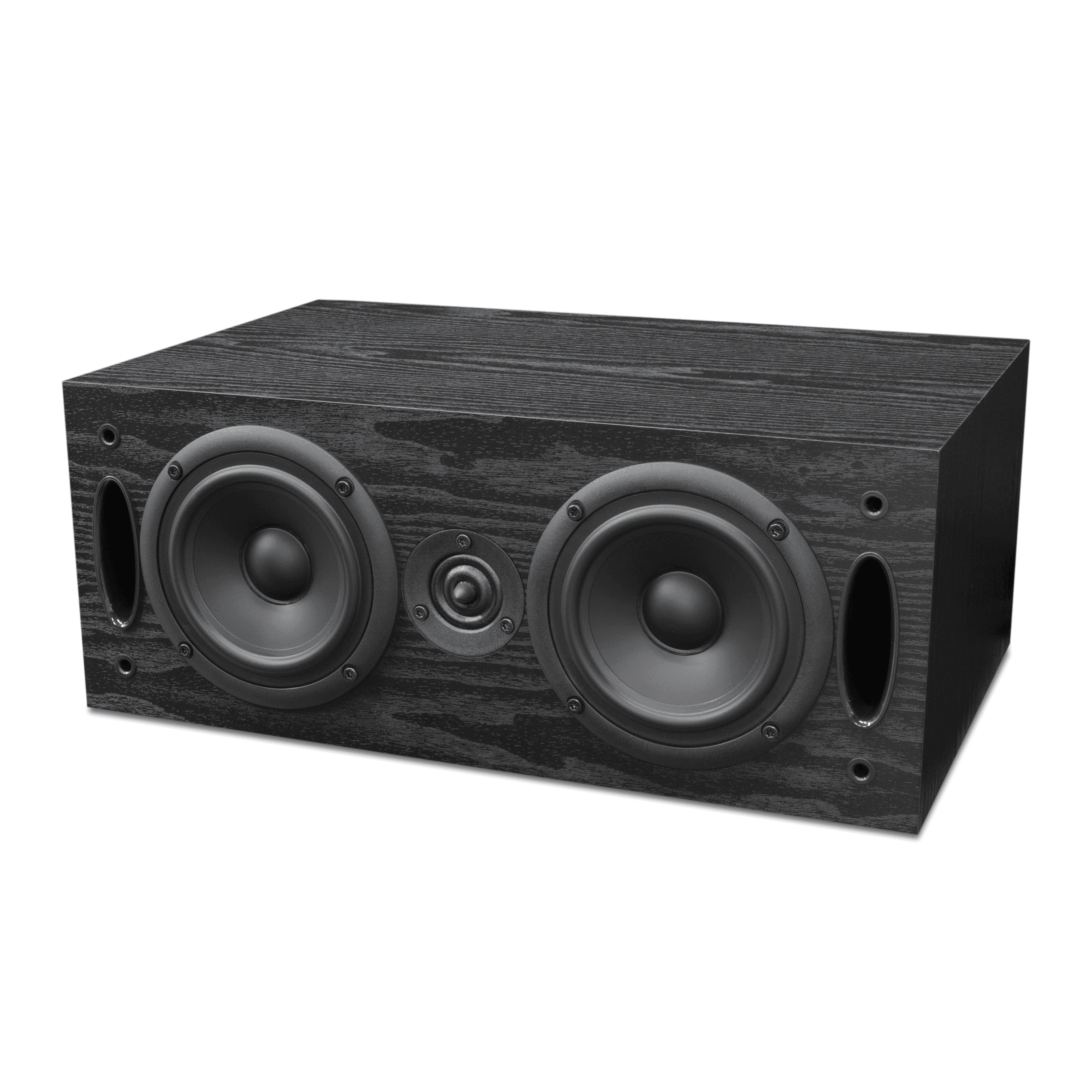 Black wooden speaker with two woofers and a tweeter