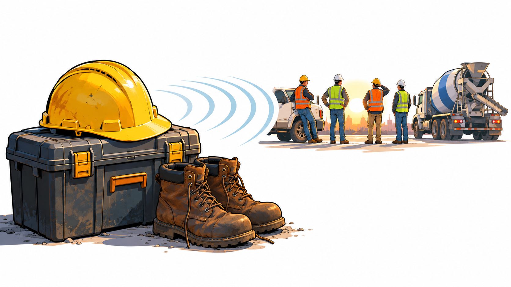 A yellow hard hat on a toolbox near work boots with construction workers in the background.