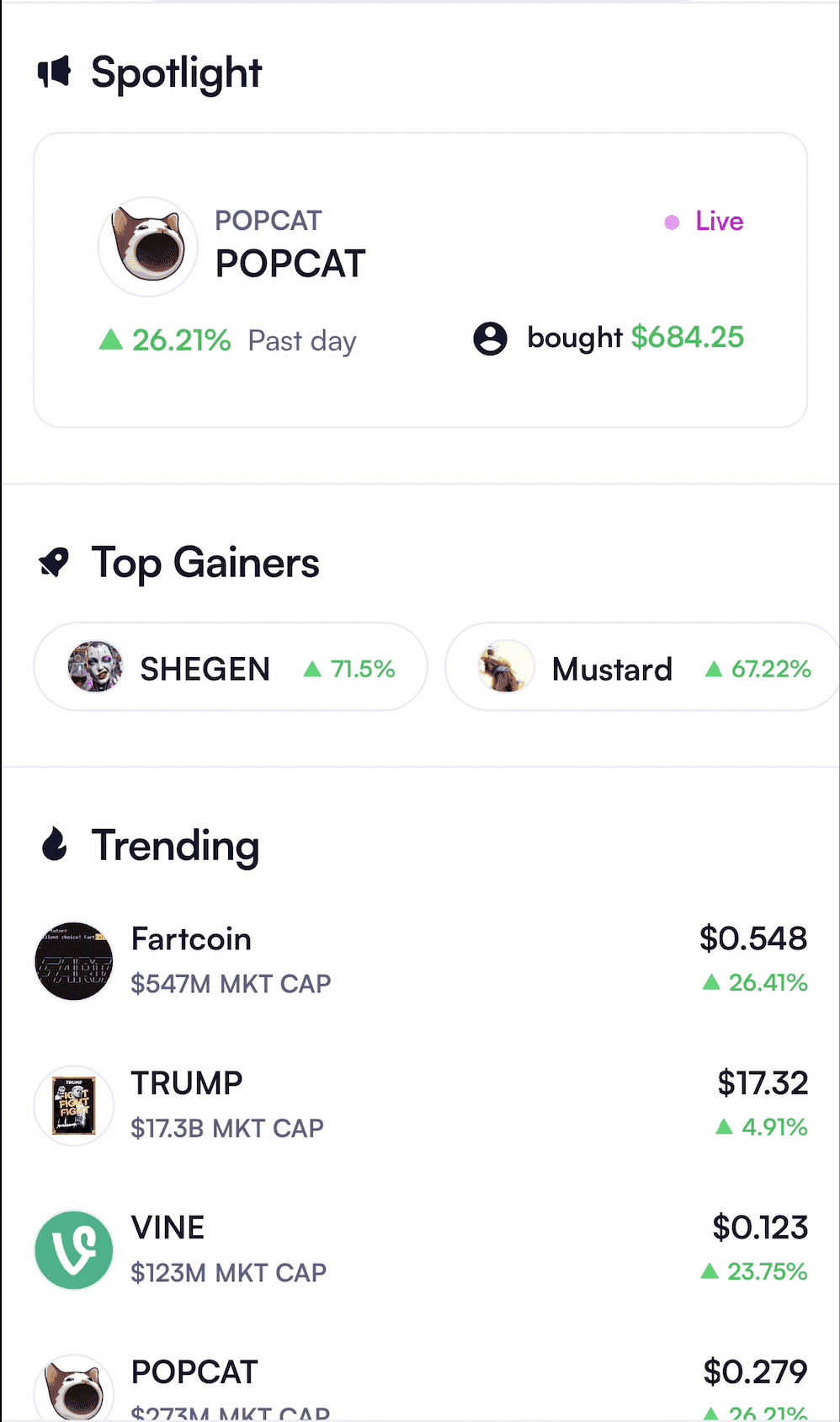 Moonshot app showing live trends of popular memecoins