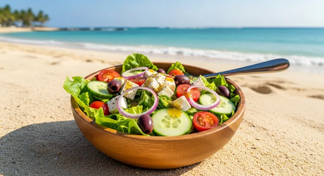 Fresh healthy salad bowl on a white sand beach, representing the nourishing food available during Bali yoga training.