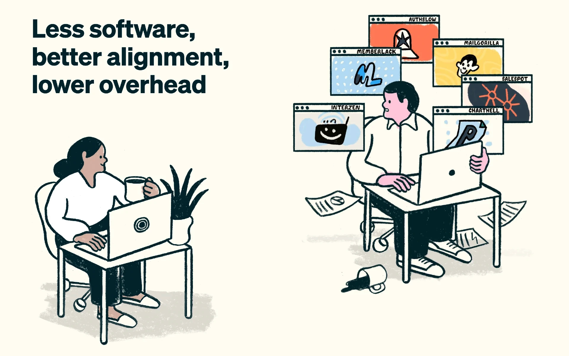 An illustration showing a happy employee and a seemingly stressed out employee